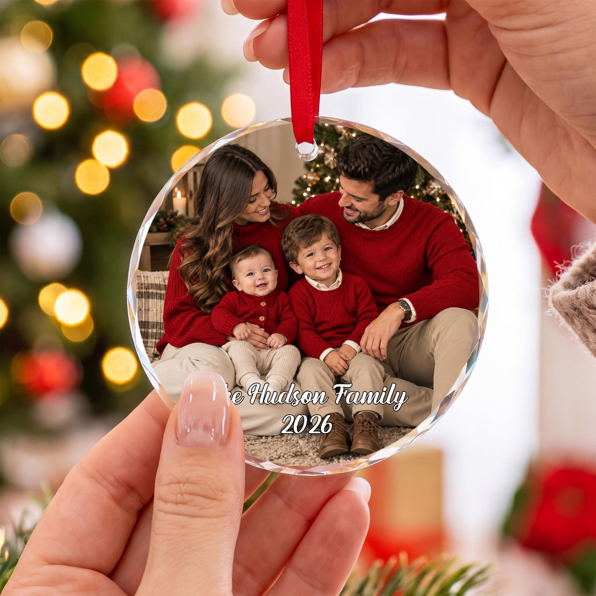 Personalized The Hudson Family 2026 Circle Glass Ornament – Custom Family Name Christmas Tree Keepsake, Holiday Decor Gift - FAM011_RGO