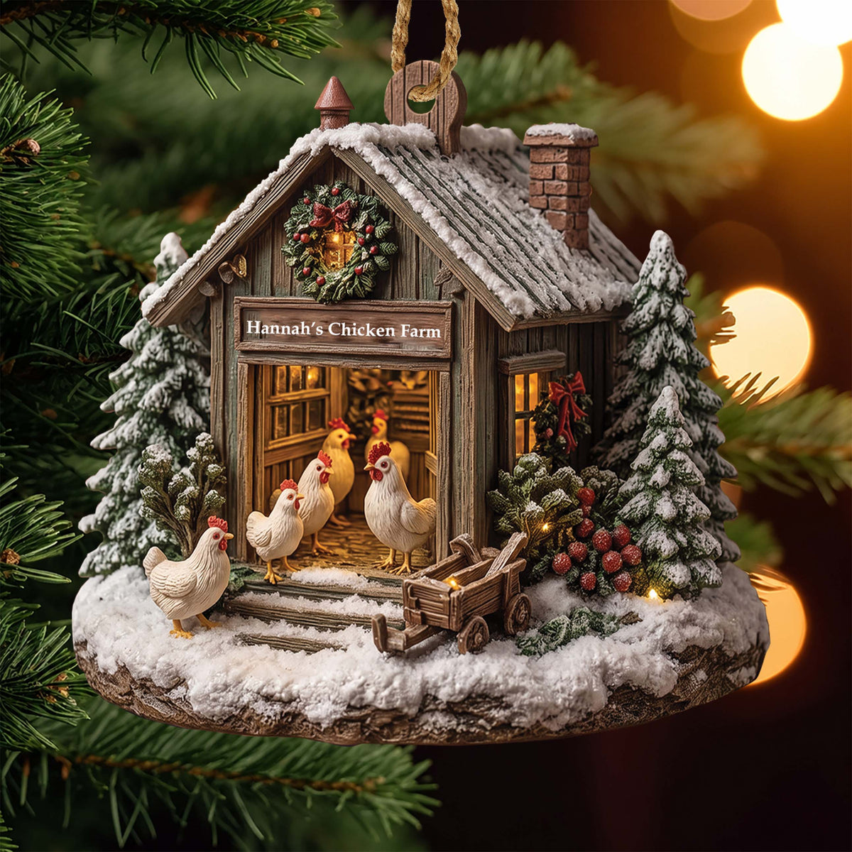 Christmas Chicken Farmhouse - Personalized Custom Wood Ornament, Rustic Farm Christmas Decor, Chicken Lover Gift - FARM001_WDO