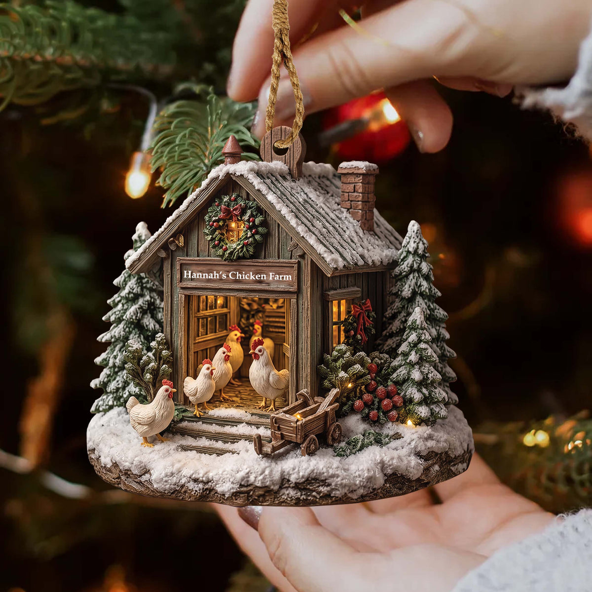 Christmas Chicken Farmhouse - Personalized Custom Wood Ornament, Rustic Farm Christmas Decor, Chicken Lover Gift - FARM001_WDO