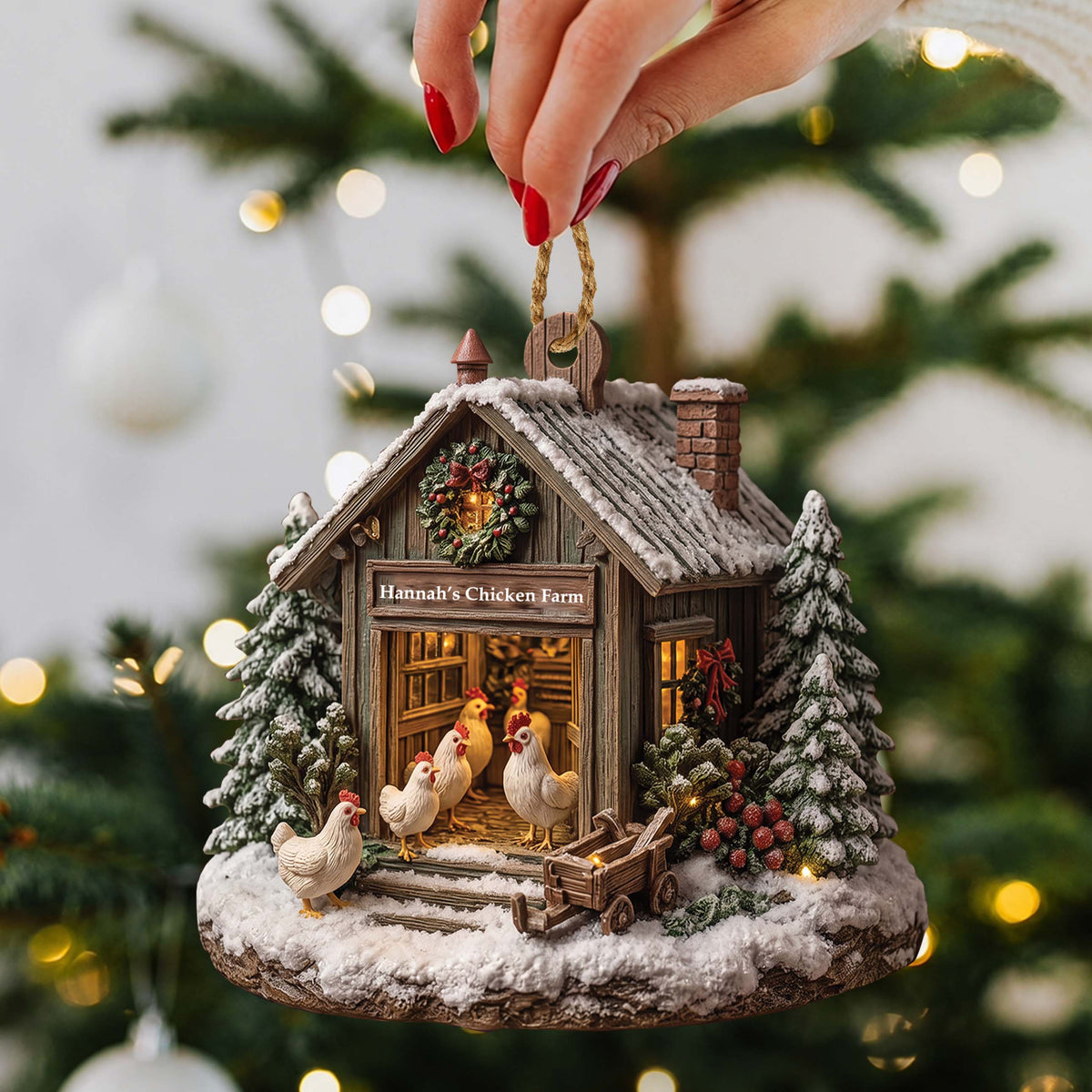 Christmas Chicken Farmhouse - Personalized Custom Wood Ornament, Rustic Farm Christmas Decor, Chicken Lover Gift - FARM001_WDO