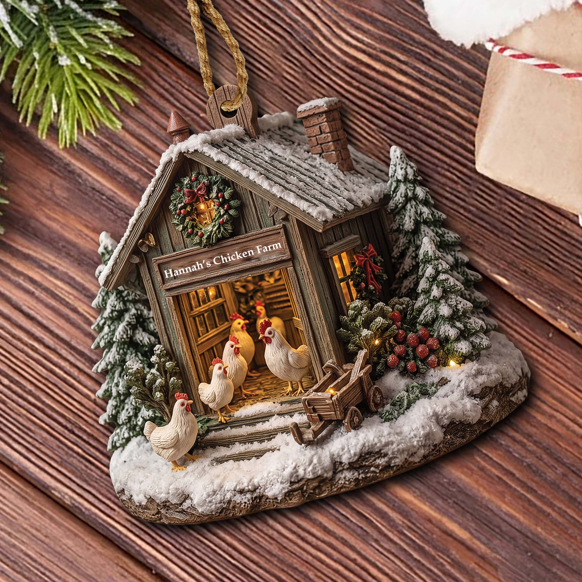 Christmas Chicken Farmhouse - Personalized Custom Wood Ornament, Rustic Farm Christmas Decor, Chicken Lover Gift - FARM001_WDO