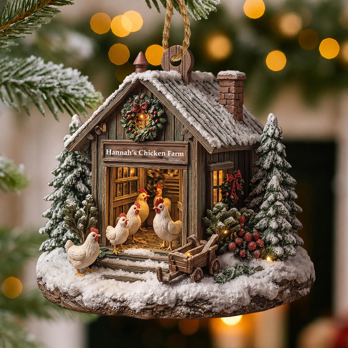 Christmas Chicken Farmhouse - Personalized Custom Wood Ornament, Rustic Farm Christmas Decor, Chicken Lover Gift - FARM001_WDO