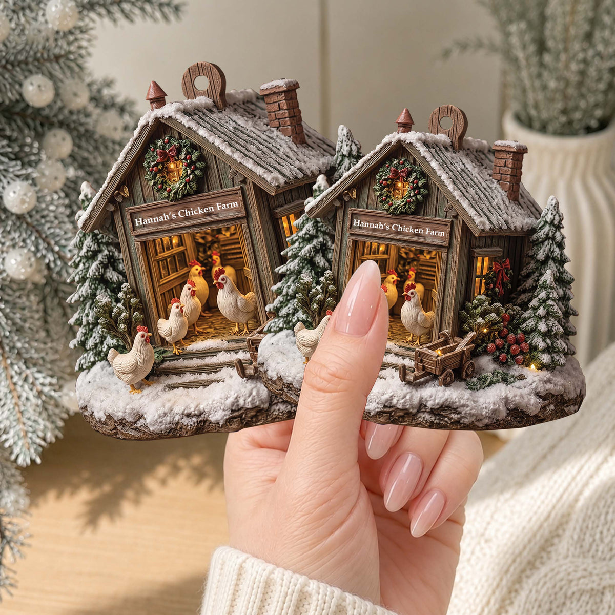 Christmas Chicken Farmhouse - Personalized Custom Wood Ornament, Rustic Farm Christmas Decor, Chicken Lover Gift - FARM001_WDO
