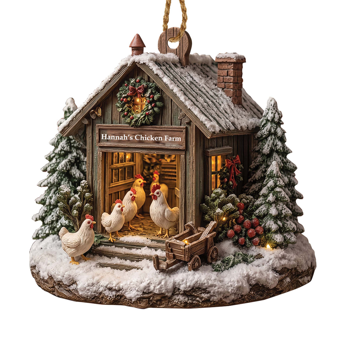 Christmas Chicken Farmhouse - Personalized Custom Wood Ornament, Rustic Farm Christmas Decor, Chicken Lover Gift - FARM001_WDO
