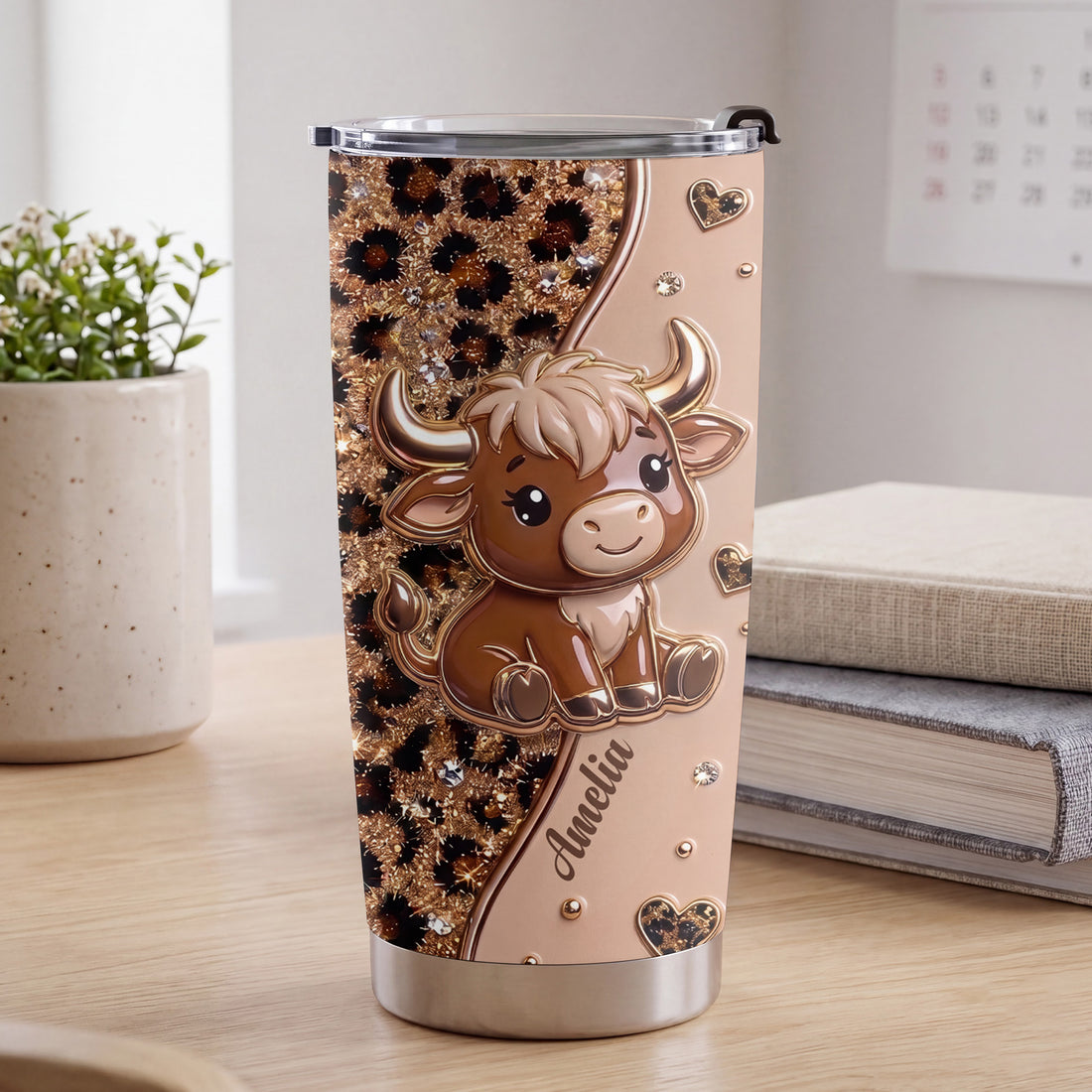 Personalized Highland Cow Tumbler – Cute Leopard Print Cow 20oz Tumbler, Custom Name Gift for Cow Lovers - FARM003_TB
