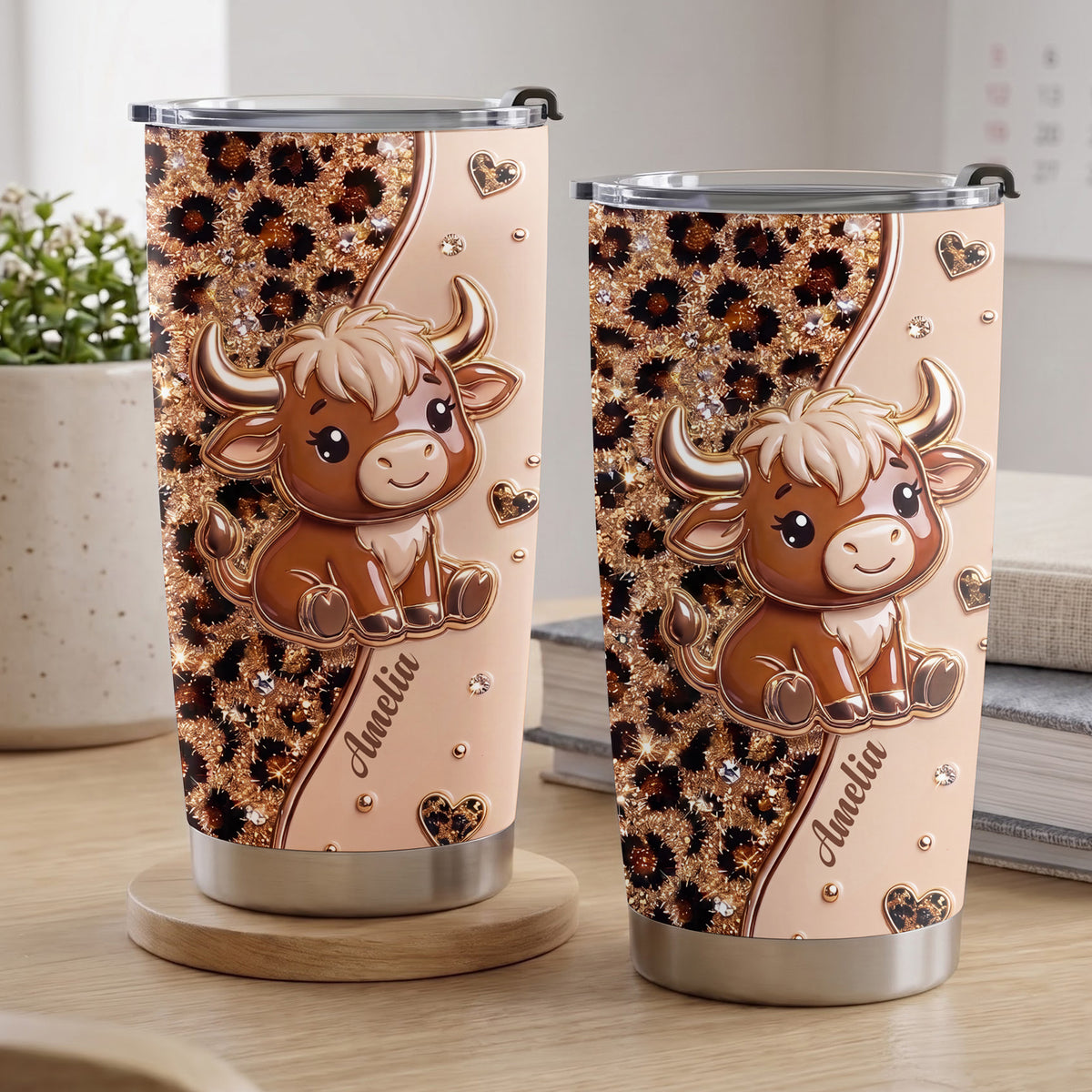 Personalized Highland Cow Tumbler – Cute Leopard Print Cow 20oz Tumbler, Custom Name Gift for Cow Lovers - FARM003_TB