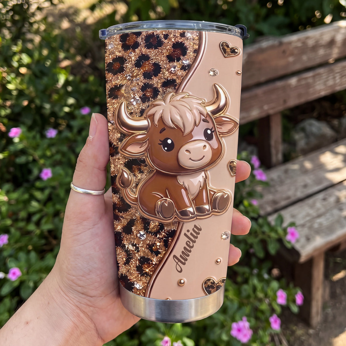 Personalized Highland Cow Tumbler – Cute Leopard Print Cow 20oz Tumbler, Custom Name Gift for Cow Lovers - FARM003_TB