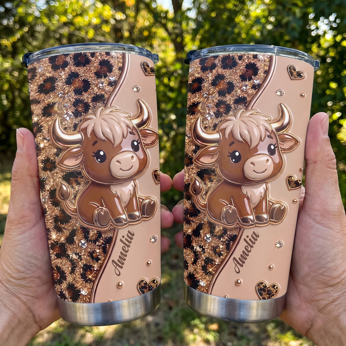 Personalized Highland Cow Tumbler – Cute Leopard Print Cow 20oz Tumbler, Custom Name Gift for Cow Lovers - FARM003_TB