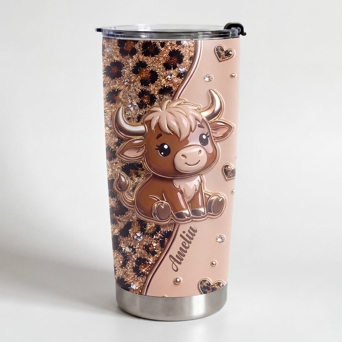 Personalized Highland Cow Tumbler – Cute Leopard Print Cow 20oz Tumbler, Custom Name Gift for Cow Lovers - FARM003_TB