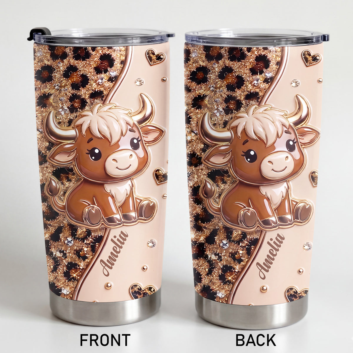 Personalized Highland Cow Tumbler – Cute Leopard Print Cow 20oz Tumbler, Custom Name Gift for Cow Lovers - FARM003_TB