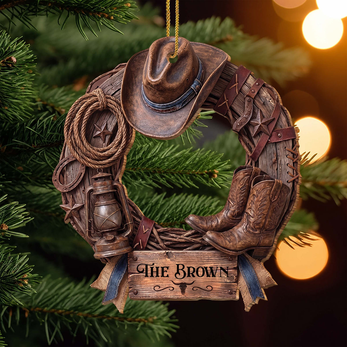 Personalized Family Cowboy Wreath With Hat & Boots - Custom Western Wood Ornament, Rustic Cowboy Christmas Ornament - FARM004_WDO