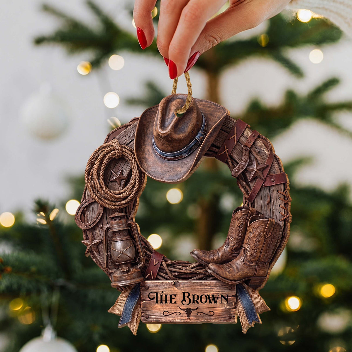 Personalized Family Cowboy Wreath With Hat & Boots - Custom Western Wood Ornament, Rustic Cowboy Christmas Ornament - FARM004_WDO