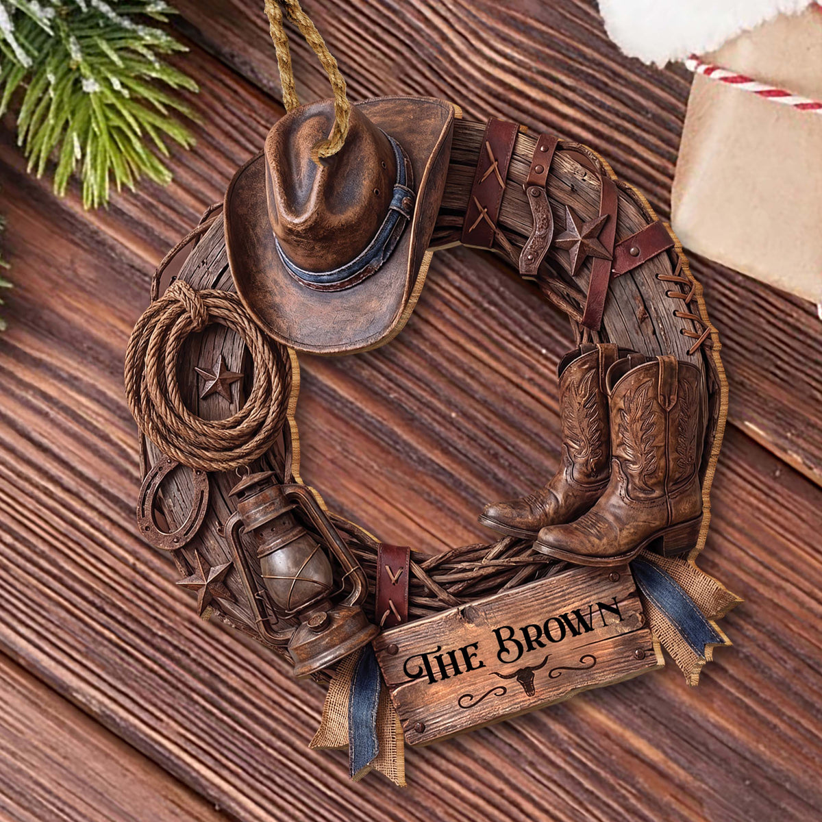Personalized Family Cowboy Wreath With Hat & Boots - Custom Western Wood Ornament, Rustic Cowboy Christmas Ornament - FARM004_WDO