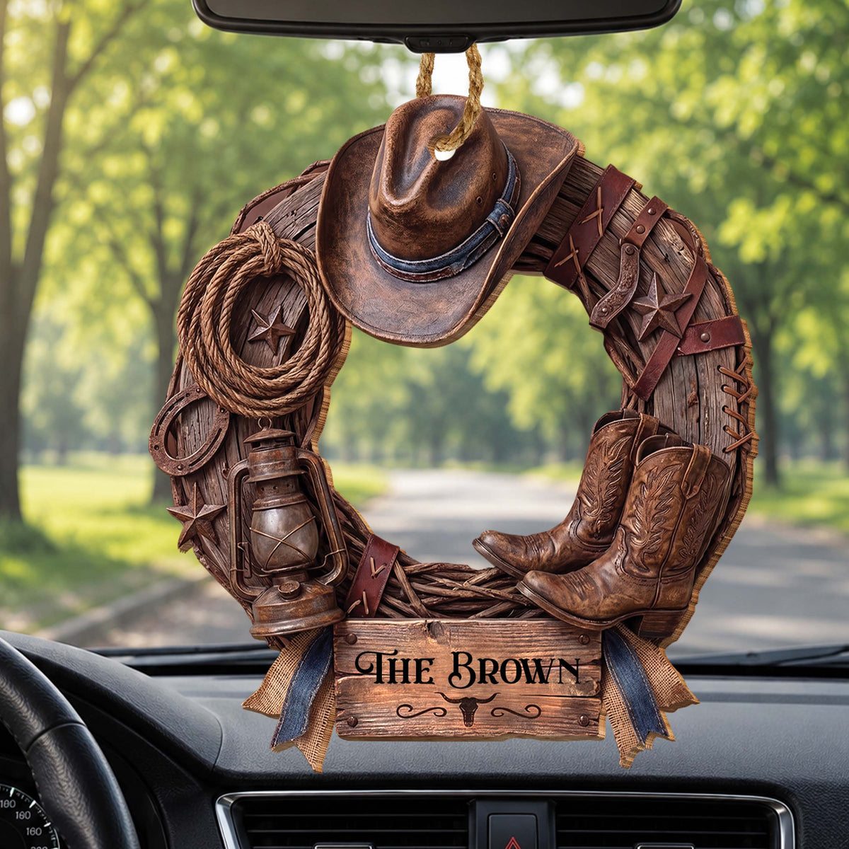 Personalized Family Cowboy Wreath With Hat & Boots - Custom Western Wood Ornament, Rustic Cowboy Christmas Ornament - FARM004_WDO