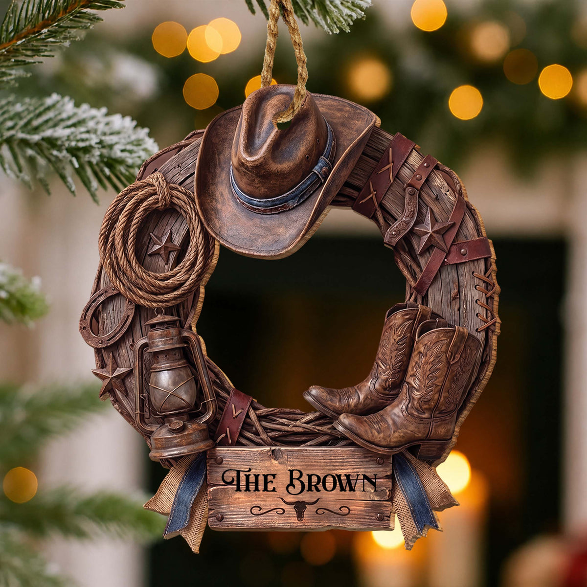 Personalized Family Cowboy Wreath With Hat & Boots - Custom Western Wood Ornament, Rustic Cowboy Christmas Ornament - FARM004_WDO