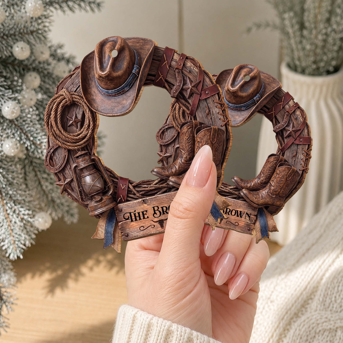 Personalized Family Cowboy Wreath With Hat & Boots - Custom Western Wood Ornament, Rustic Cowboy Christmas Ornament - FARM004_WDO