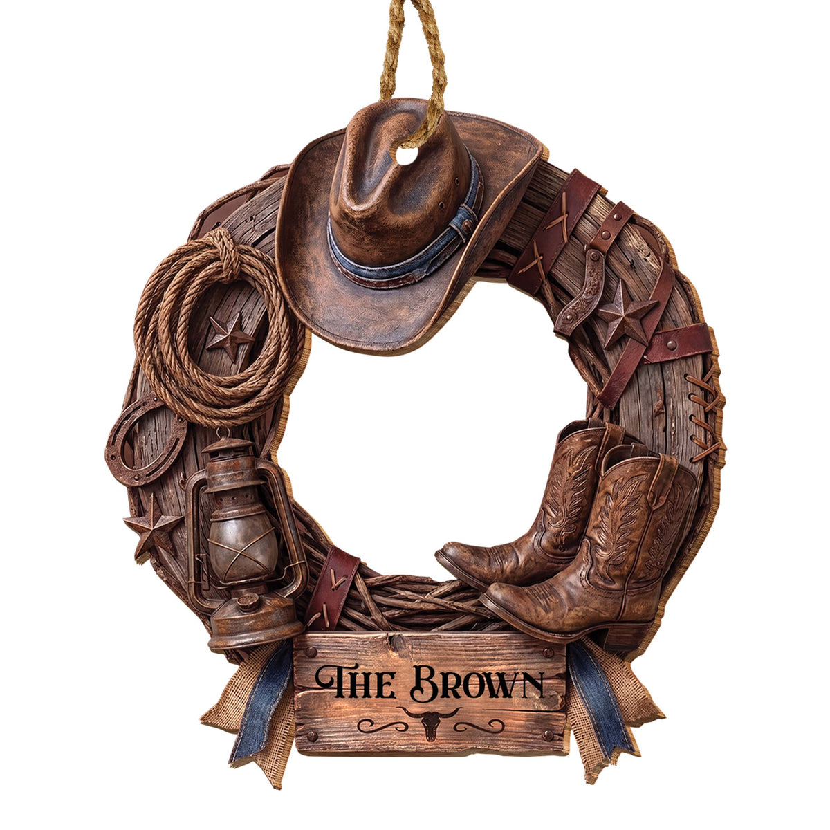 Personalized Family Cowboy Wreath With Hat & Boots - Custom Western Wood Ornament, Rustic Cowboy Christmas Ornament - FARM004_WDO