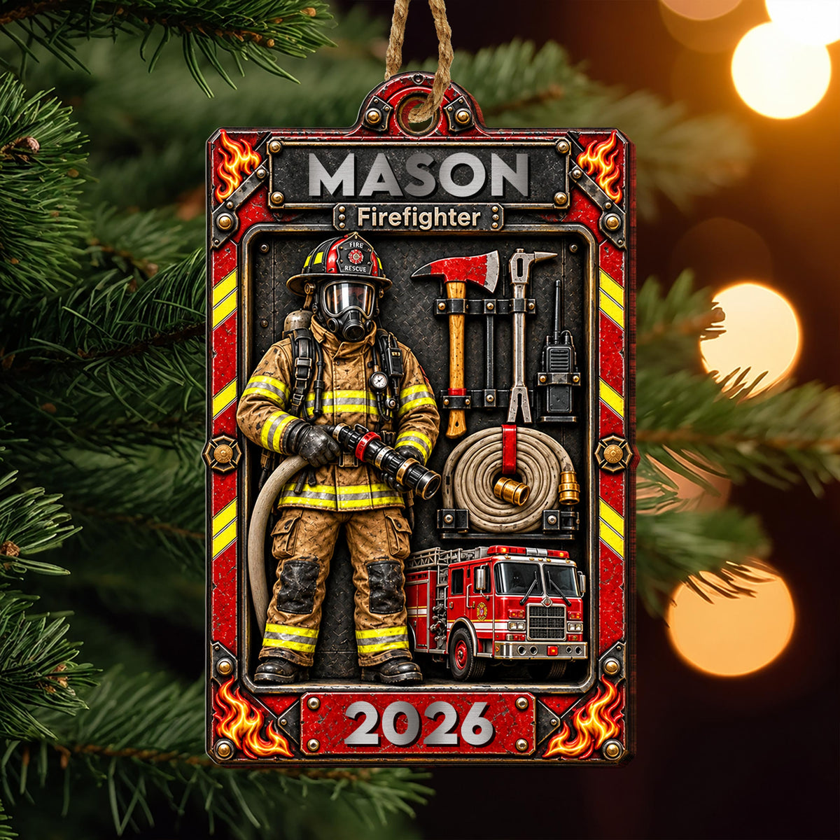 Personalized Firefighter Wooden Ornament – Custom Name Fire Department Christmas Tree Decor, 2026 Holiday Keepsake Gift for Firefighter - FIF003_WDO