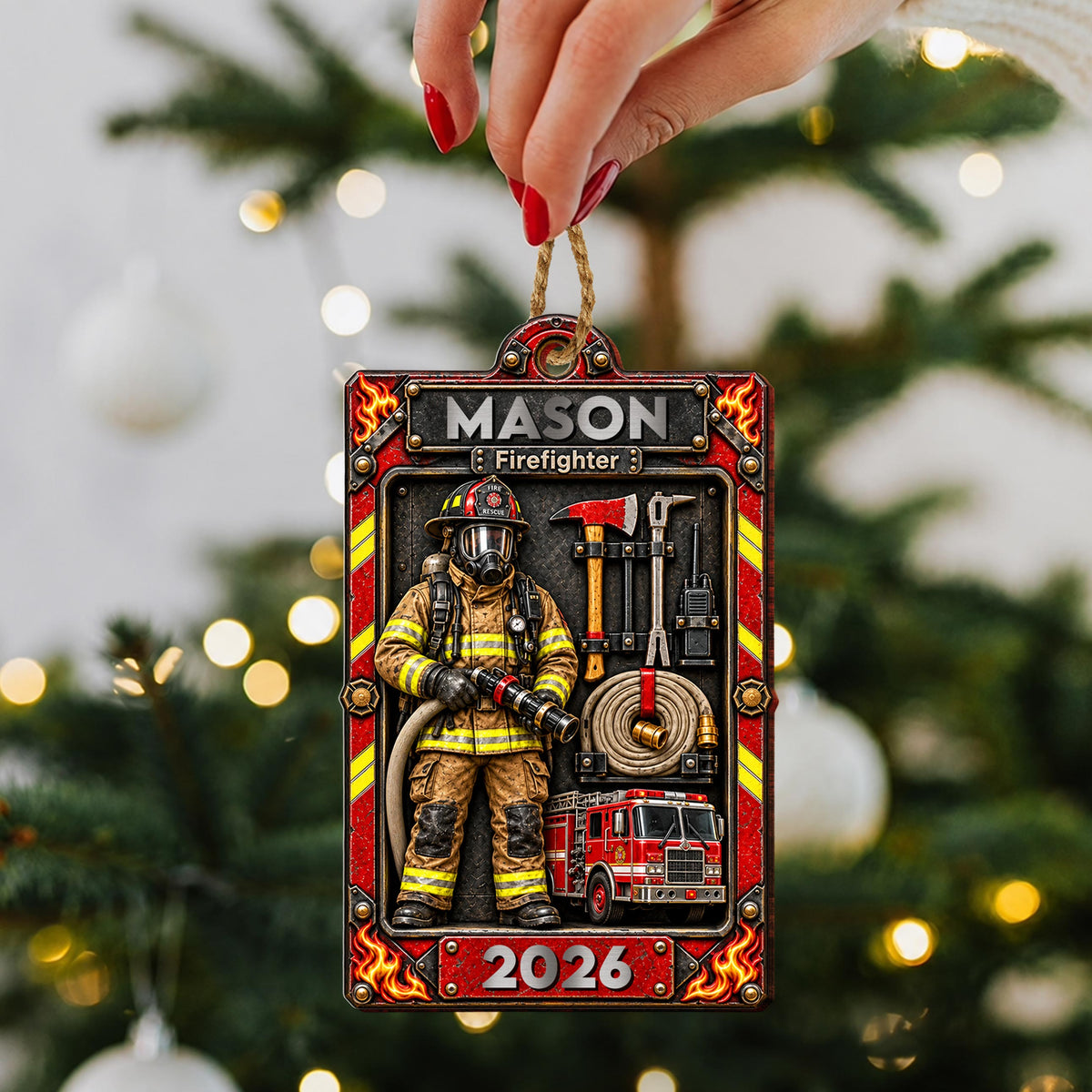 Personalized Firefighter Wooden Ornament – Custom Name Fire Department Christmas Tree Decor, 2026 Holiday Keepsake Gift for Firefighter - FIF003_WDO