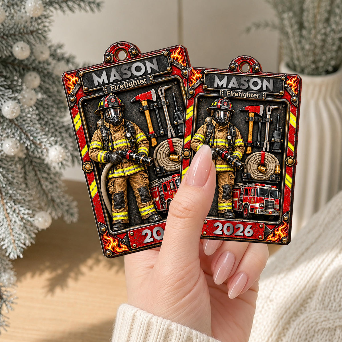 Personalized Firefighter Wooden Ornament – Custom Name Fire Department Christmas Tree Decor, 2026 Holiday Keepsake Gift for Firefighter - FIF003_WDO