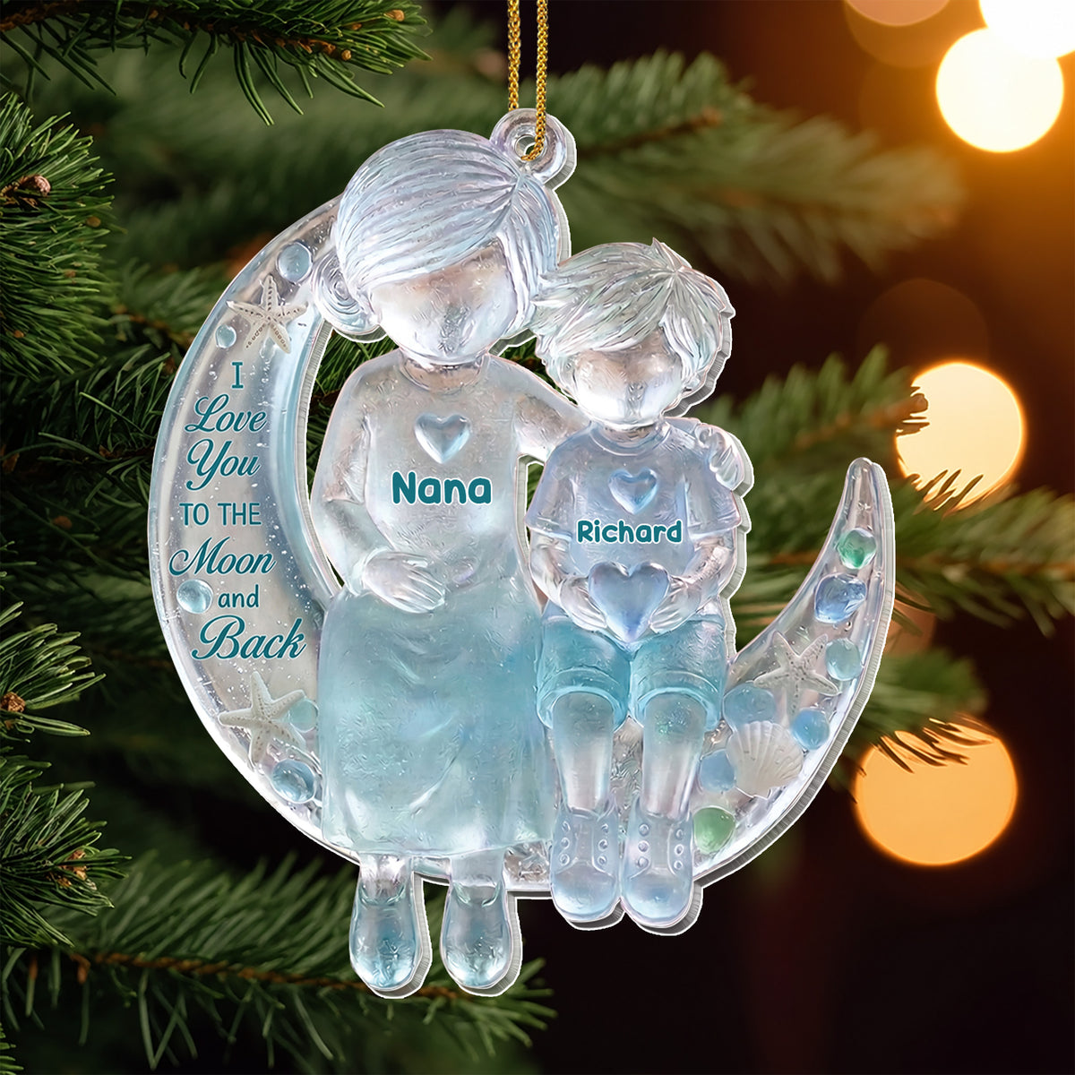 I Love You to the Moon and Back Sea Glass Grandma & Grandson Moon – Personalized Acrylic Ornament, Christmas Gift – GRK001_ACO
