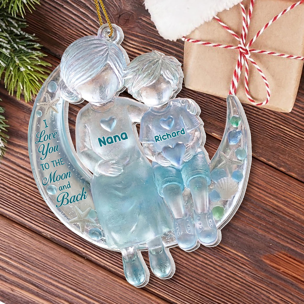 I Love You to the Moon and Back Sea Glass Grandma & Grandson Moon – Personalized Acrylic Ornament, Christmas Gift – GRK001_ACO