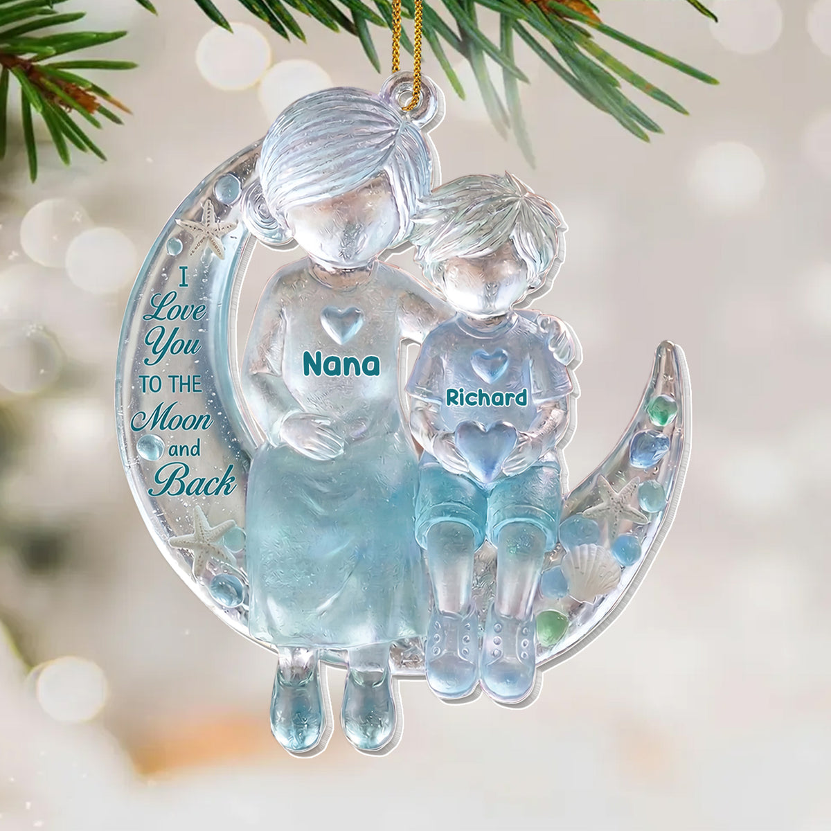 I Love You to the Moon and Back Sea Glass Grandma & Grandson Moon – Personalized Acrylic Ornament, Christmas Gift – GRK001_ACO