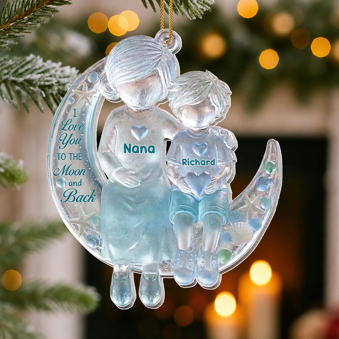 I Love You to the Moon and Back Sea Glass Grandma & Grandson Moon – Personalized Acrylic Ornament, Christmas Gift – GRK001_ACO