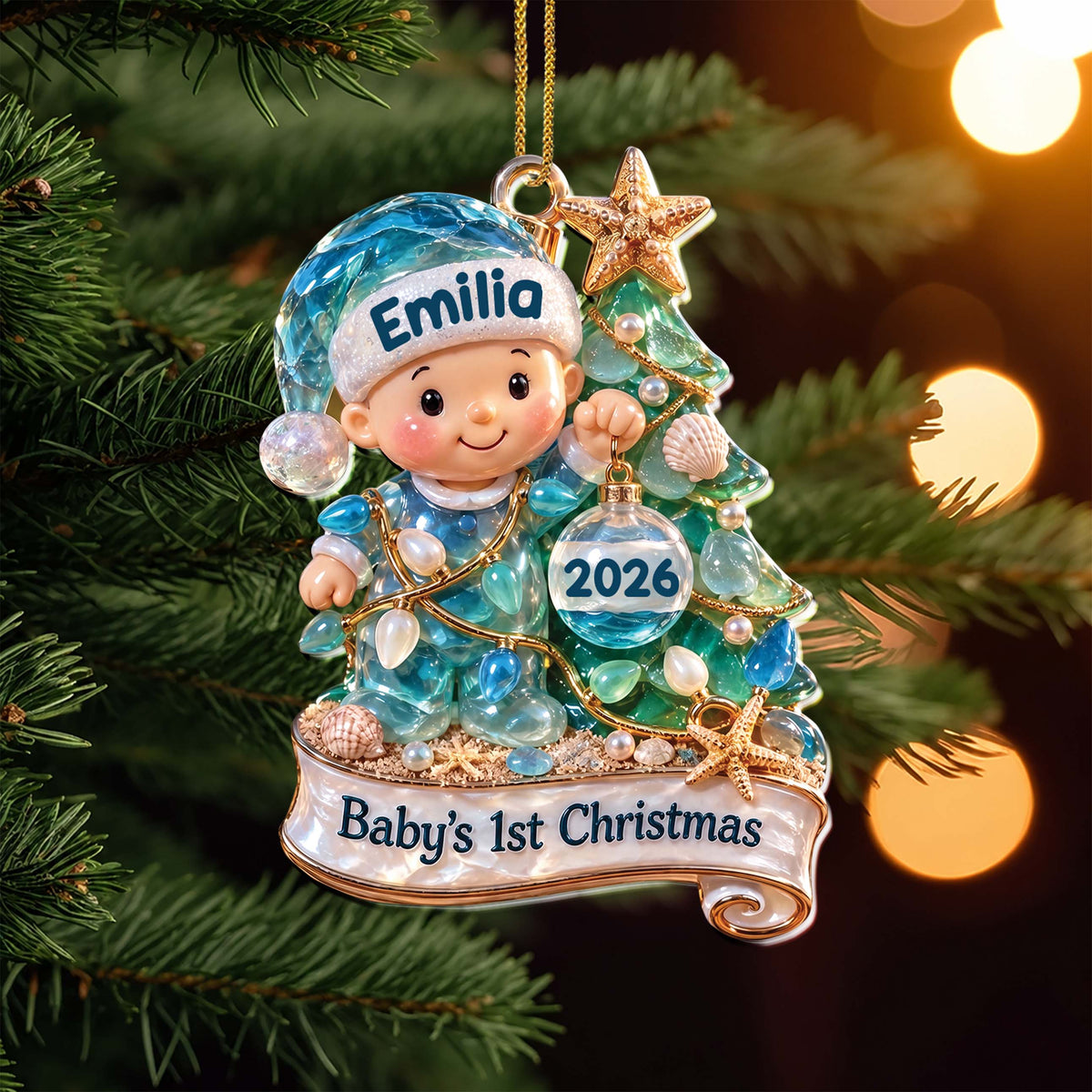 Baby’s 1st Christmas Sea Glass Baby & Christmas Tree – Personalized Acrylic Ornament, New Baby Christmas Gift – GRK003_ACO