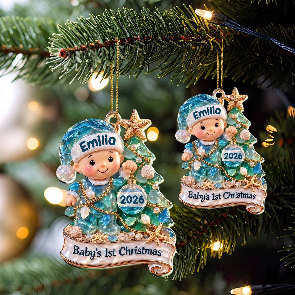 Baby’s 1st Christmas Sea Glass Baby & Christmas Tree – Personalized Acrylic Ornament, New Baby Christmas Gift – GRK003_ACO