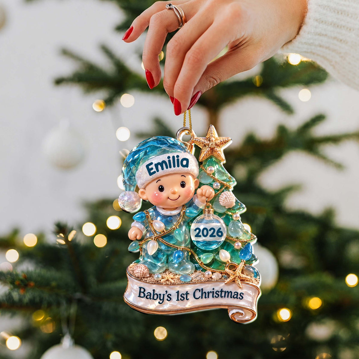 Baby’s 1st Christmas Sea Glass Baby & Christmas Tree – Personalized Acrylic Ornament, New Baby Christmas Gift – GRK003_ACO