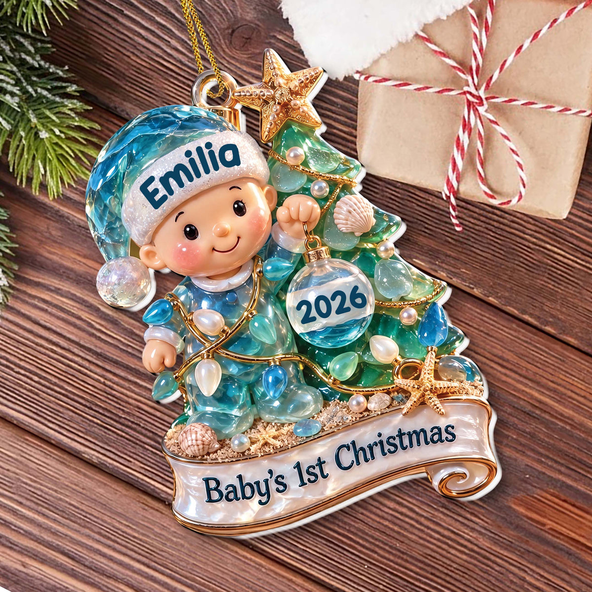 Baby’s 1st Christmas Sea Glass Baby & Christmas Tree – Personalized Acrylic Ornament, New Baby Christmas Gift – GRK003_ACO