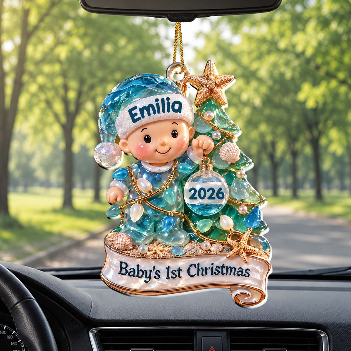 Baby’s 1st Christmas Sea Glass Baby & Christmas Tree – Personalized Acrylic Ornament, New Baby Christmas Gift – GRK003_ACO