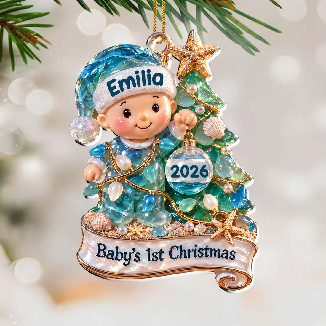 Baby’s 1st Christmas Sea Glass Baby & Christmas Tree – Personalized Acrylic Ornament, New Baby Christmas Gift – GRK003_ACO