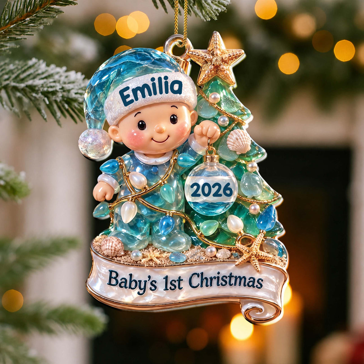 Baby’s 1st Christmas Sea Glass Baby & Christmas Tree – Personalized Acrylic Ornament, New Baby Christmas Gift – GRK003_ACO