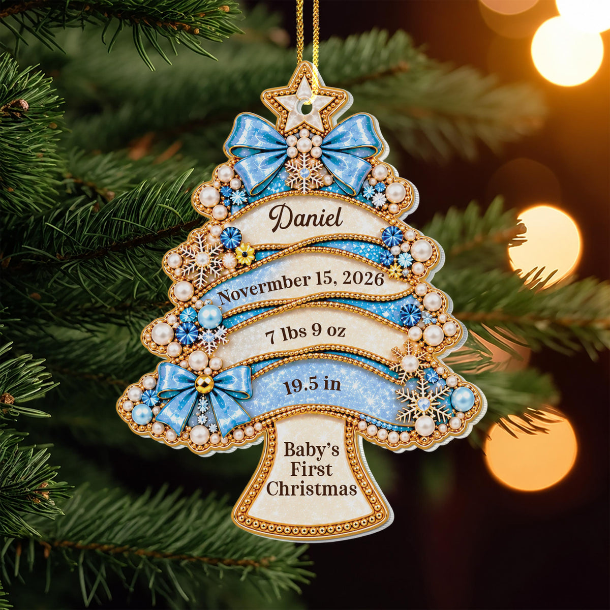Personalized Baby's First Christmas Acrylic Ornament – Custom Name, Birth Date, Weight & Length Tree Keepsake, Blue Holiday Gift - GRK004_ACO