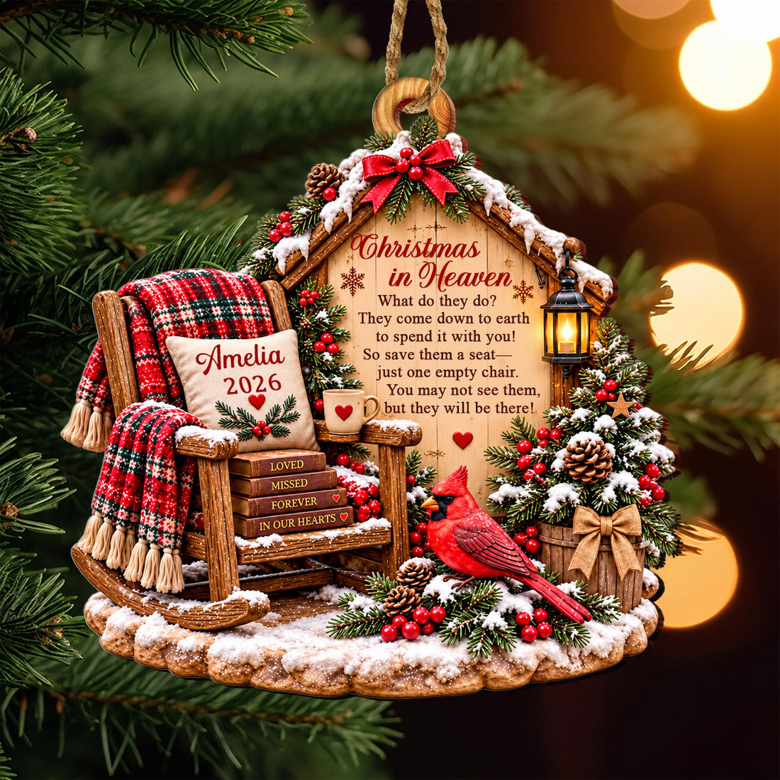 Personalized Christmas in Heaven Wooden Ornament – Custom Name Memorial Tree Decoration, Sympathy Gift for Bereavement and Loss - HME002_WDO
