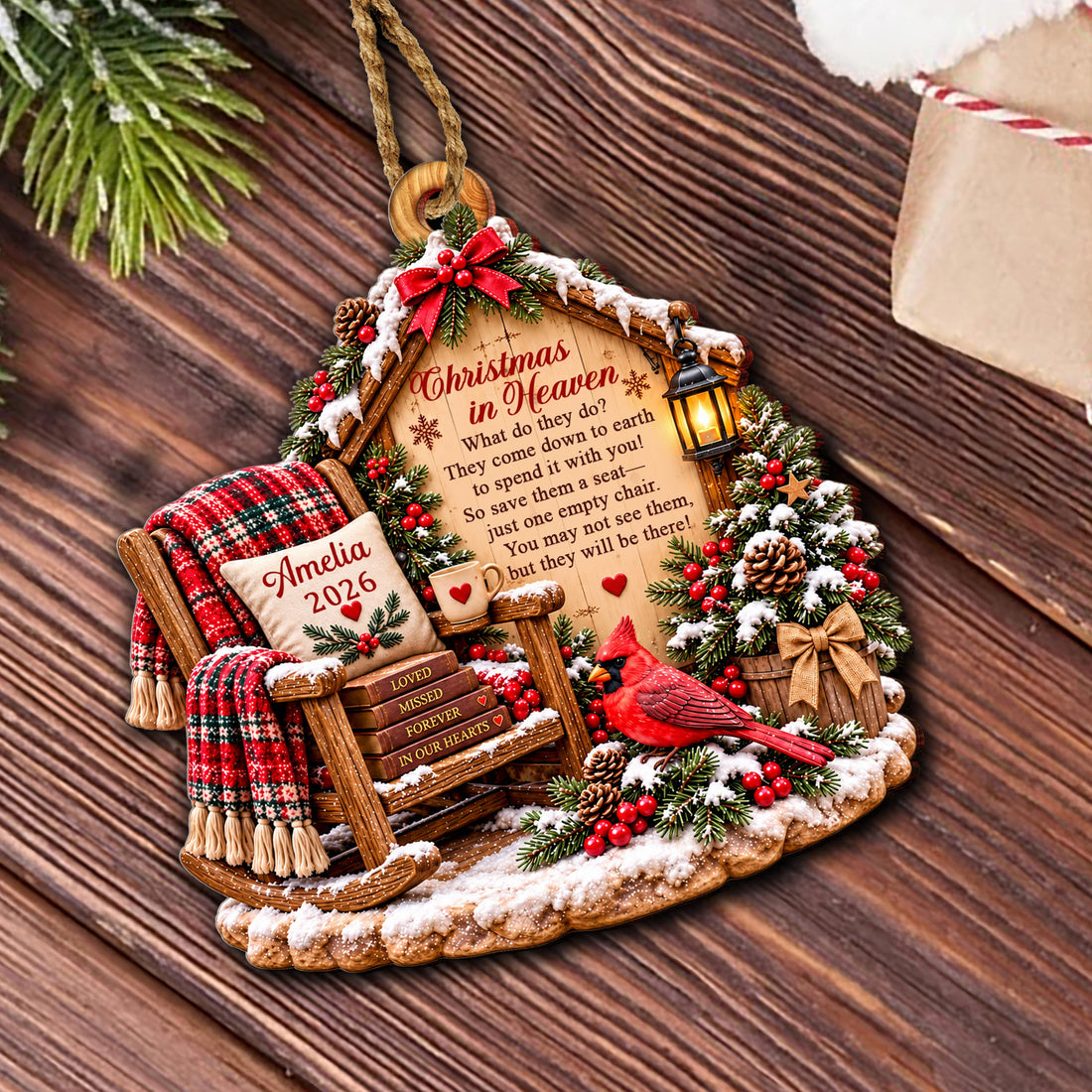 Personalized Christmas in Heaven Wooden Ornament – Custom Name Memorial Tree Decoration, Sympathy Gift for Bereavement and Loss - HME002_WDO