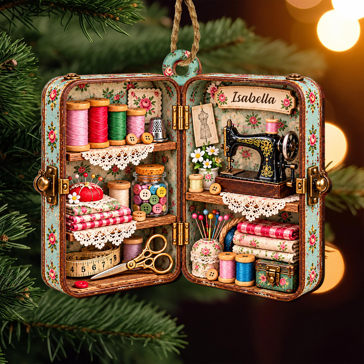 Personalized Sewing Box Wooden Ornament – Custom Name Vintage Craft Room Christmas Tree Keepsake, Quilter and Crafter Gift - HOB004_WDO
