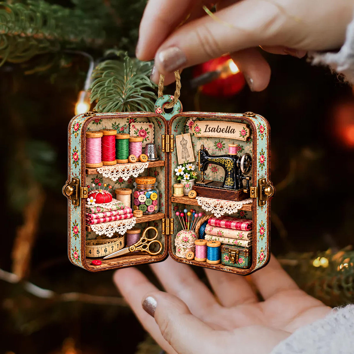 Personalized Sewing Box Wooden Ornament – Custom Name Vintage Craft Room Christmas Tree Keepsake, Quilter and Crafter Gift - HOB004_WDO