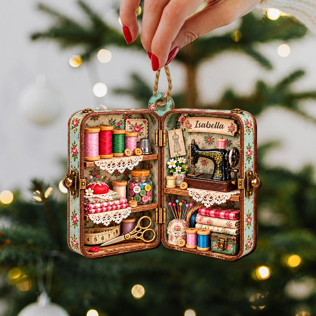 Personalized Sewing Box Wooden Ornament – Custom Name Vintage Craft Room Christmas Tree Keepsake, Quilter and Crafter Gift - HOB004_WDO