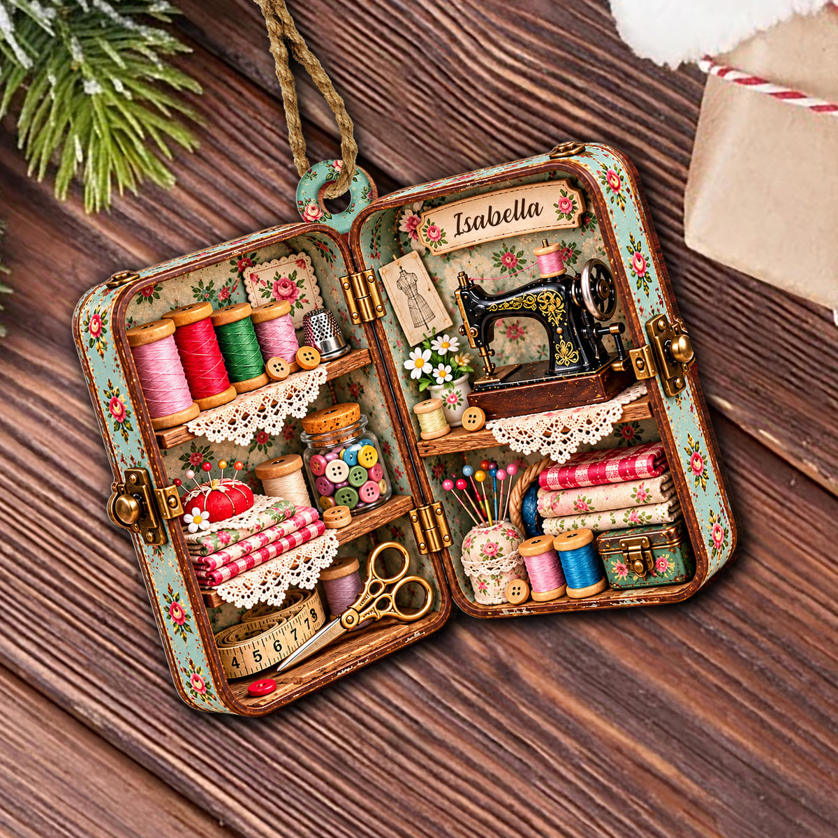 Personalized Sewing Box Wooden Ornament – Custom Name Vintage Craft Room Christmas Tree Keepsake, Quilter and Crafter Gift - HOB004_WDO