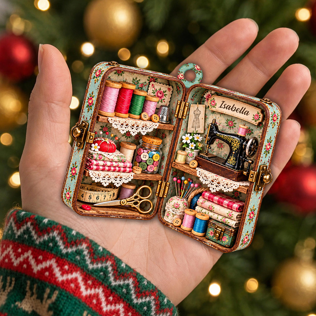 Personalized Sewing Box Wooden Ornament – Custom Name Vintage Craft Room Christmas Tree Keepsake, Quilter and Crafter Gift - HOB004_WDO