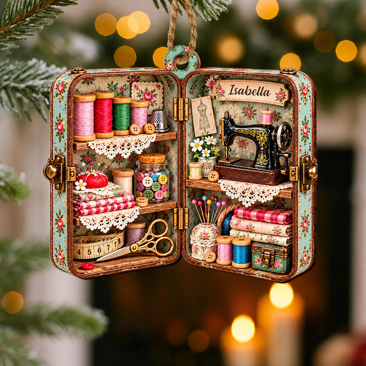 Personalized Sewing Box Wooden Ornament – Custom Name Vintage Craft Room Christmas Tree Keepsake, Quilter and Crafter Gift - HOB004_WDO