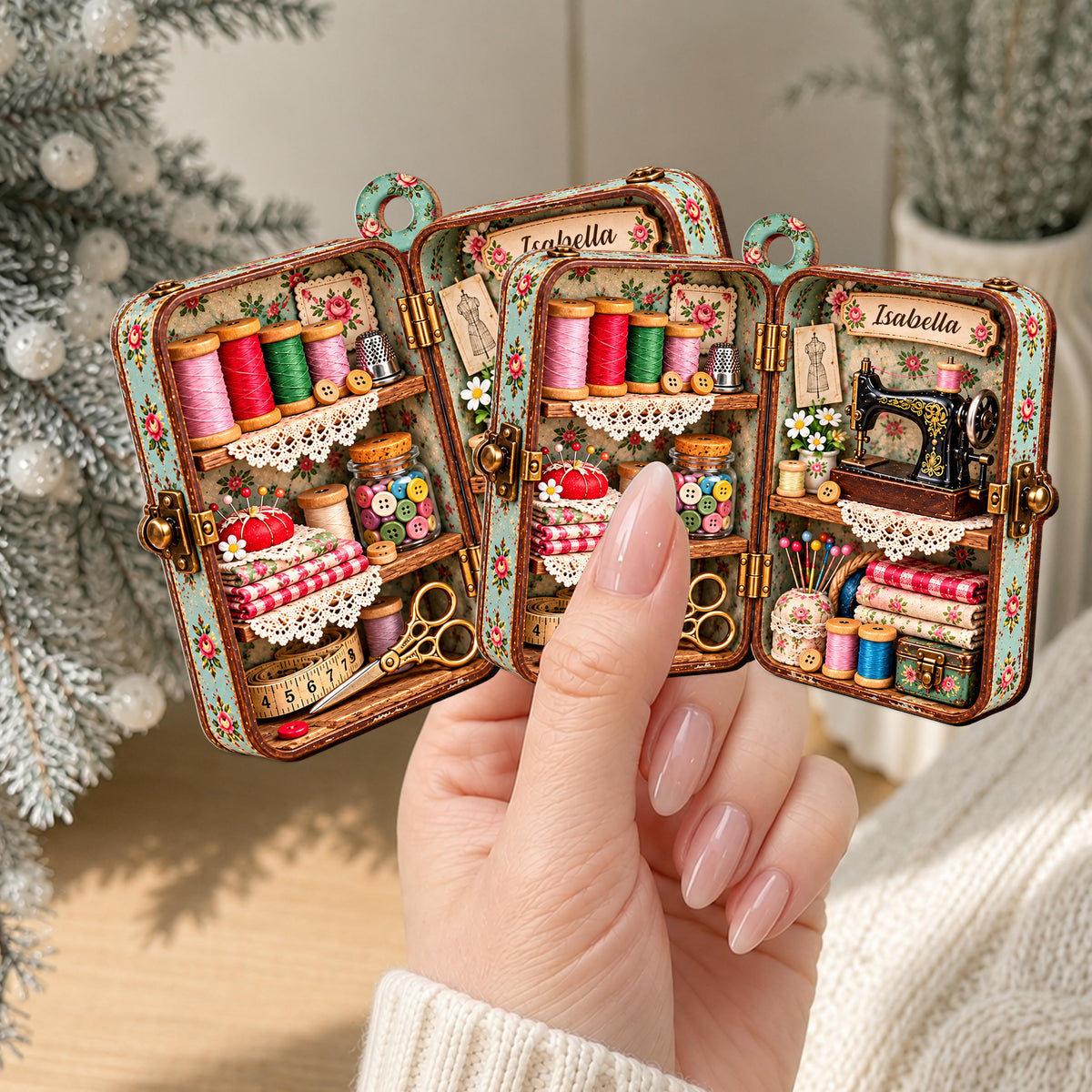 Personalized Sewing Box Wooden Ornament – Custom Name Vintage Craft Room Christmas Tree Keepsake, Quilter and Crafter Gift - HOB004_WDO