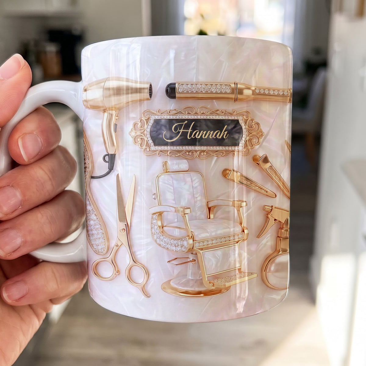 Hair Stylist Elegance With Mother of Pearl Mosaic & Gold Salon Tools - Personalized Custom Edge-to-edge Mug - JBS002_MG