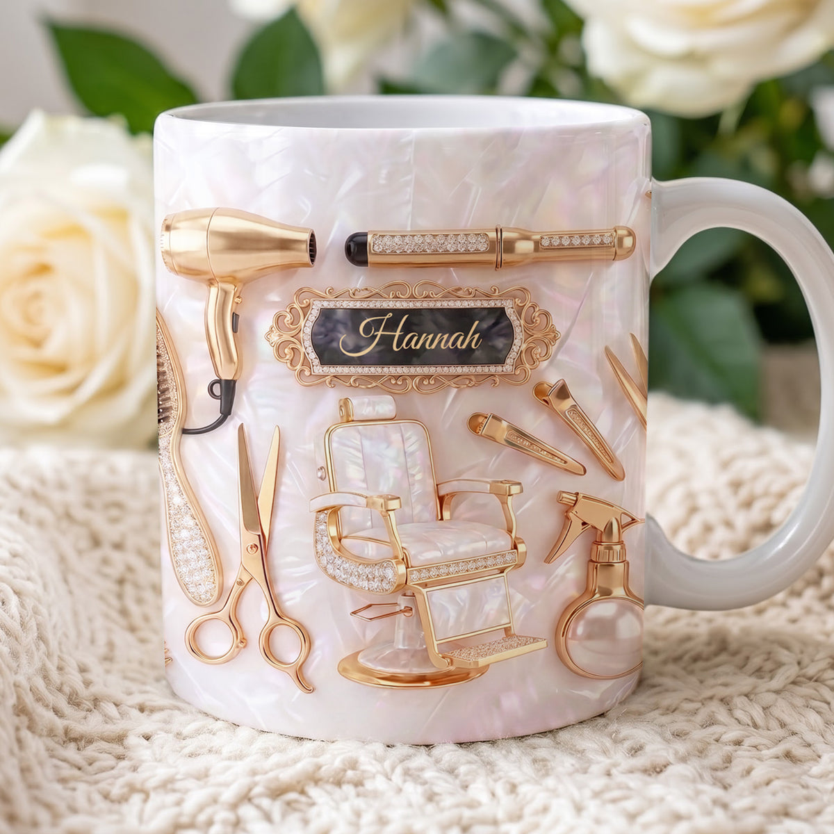 Hair Stylist Elegance With Mother of Pearl Mosaic & Gold Salon Tools - Personalized Custom Edge-to-edge Mug - JBS002_MG