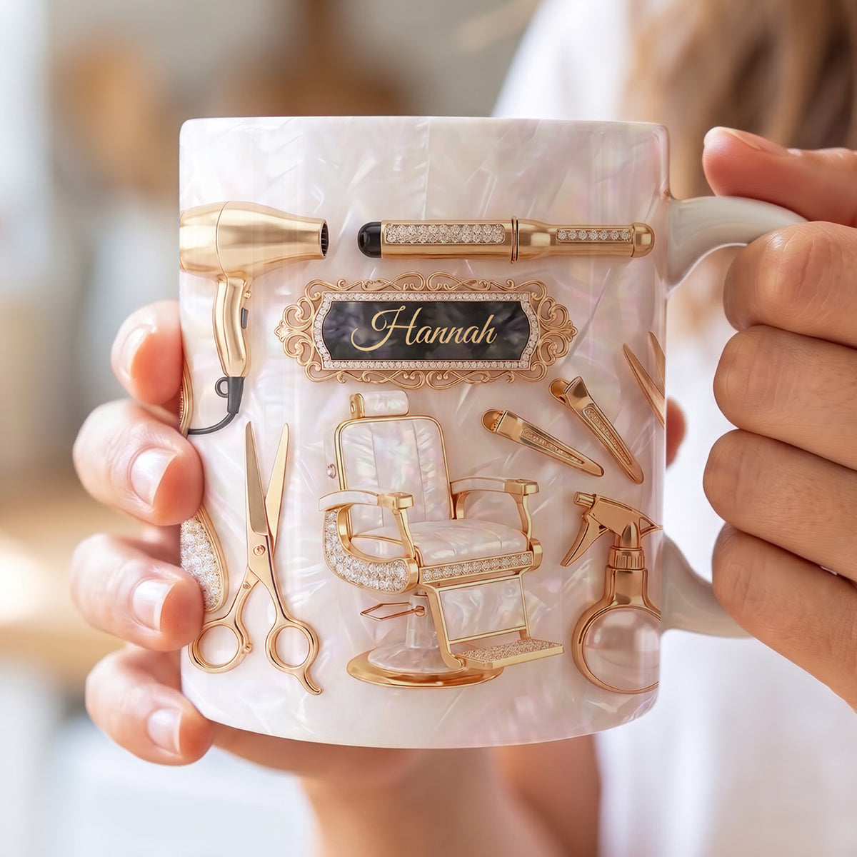 Hair Stylist Elegance With Mother of Pearl Mosaic & Gold Salon Tools - Personalized Custom Edge-to-edge Mug - JBS002_MG