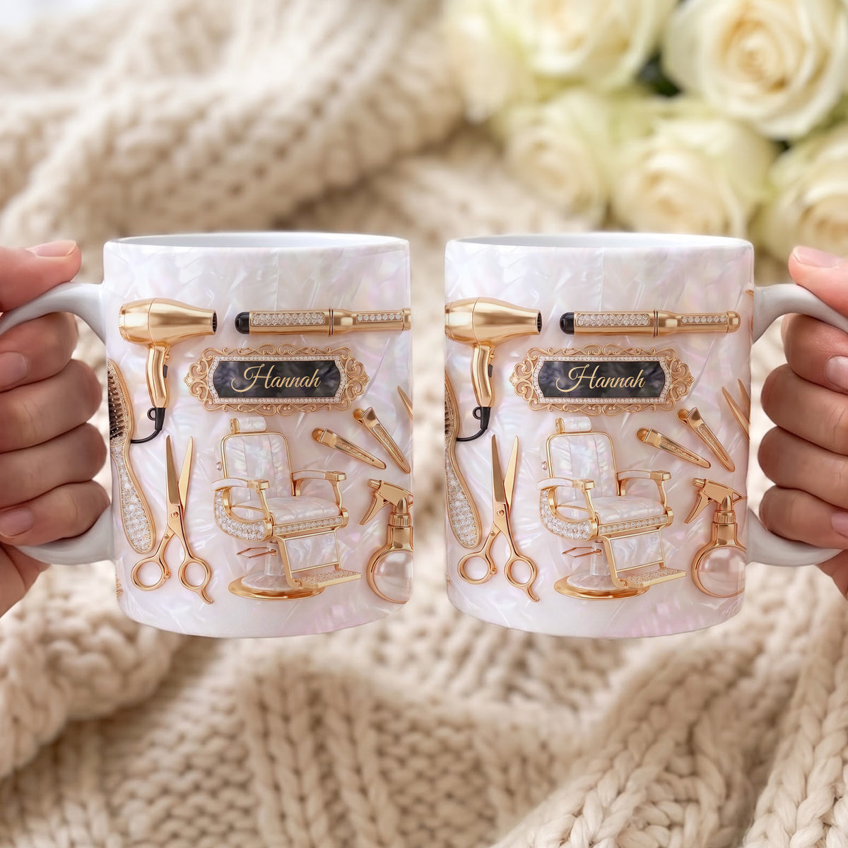 Hair Stylist Elegance With Mother of Pearl Mosaic & Gold Salon Tools - Personalized Custom Edge-to-edge Mug - JBS002_MG