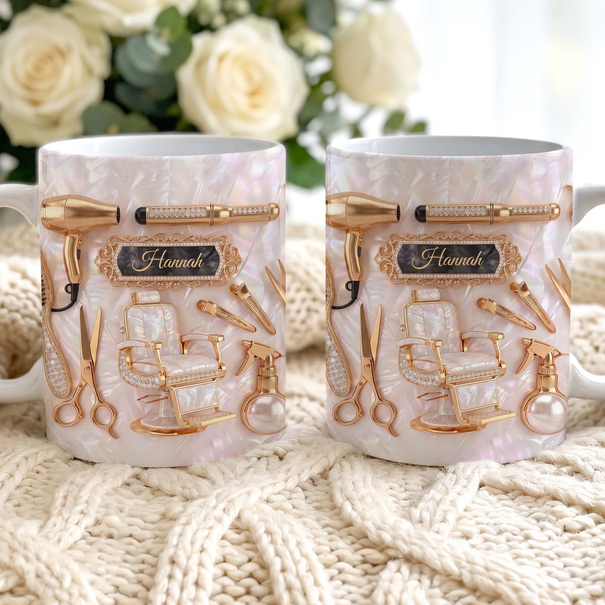 Hair Stylist Elegance With Mother of Pearl Mosaic & Gold Salon Tools - Personalized Custom Edge-to-edge Mug - JBS002_MG